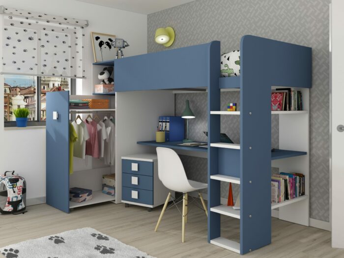 blå køyeseng med garderobe og skrivebord